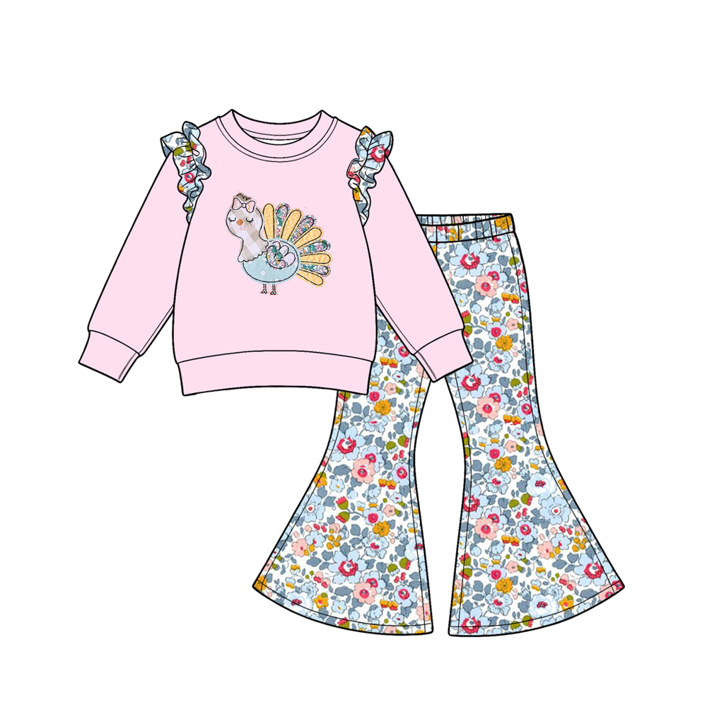 (Preorder new) No moq Baby Cute Print Pink Ruffle Girls Outfit Set Floral Flare Pants Frill Hem Baby Zipper Romper