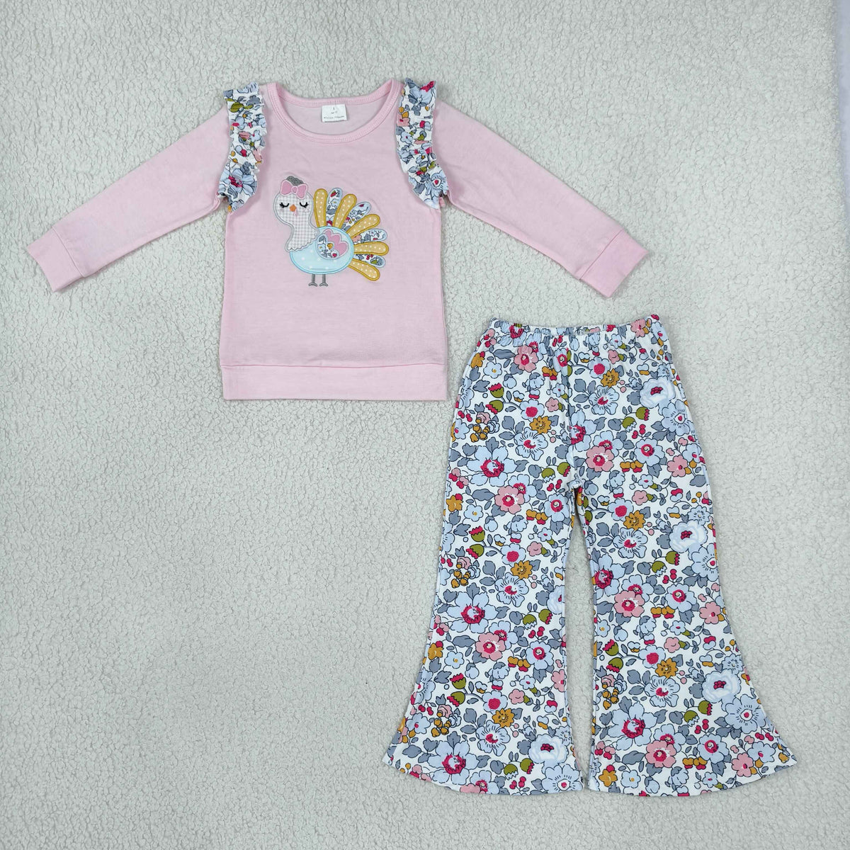 NEW RTS NO MOQ milk silk GLP3597 Embroidery Turkey Flowers Baby Girls Top Flare Pant Thanksgivings Fall Holiday Outfit