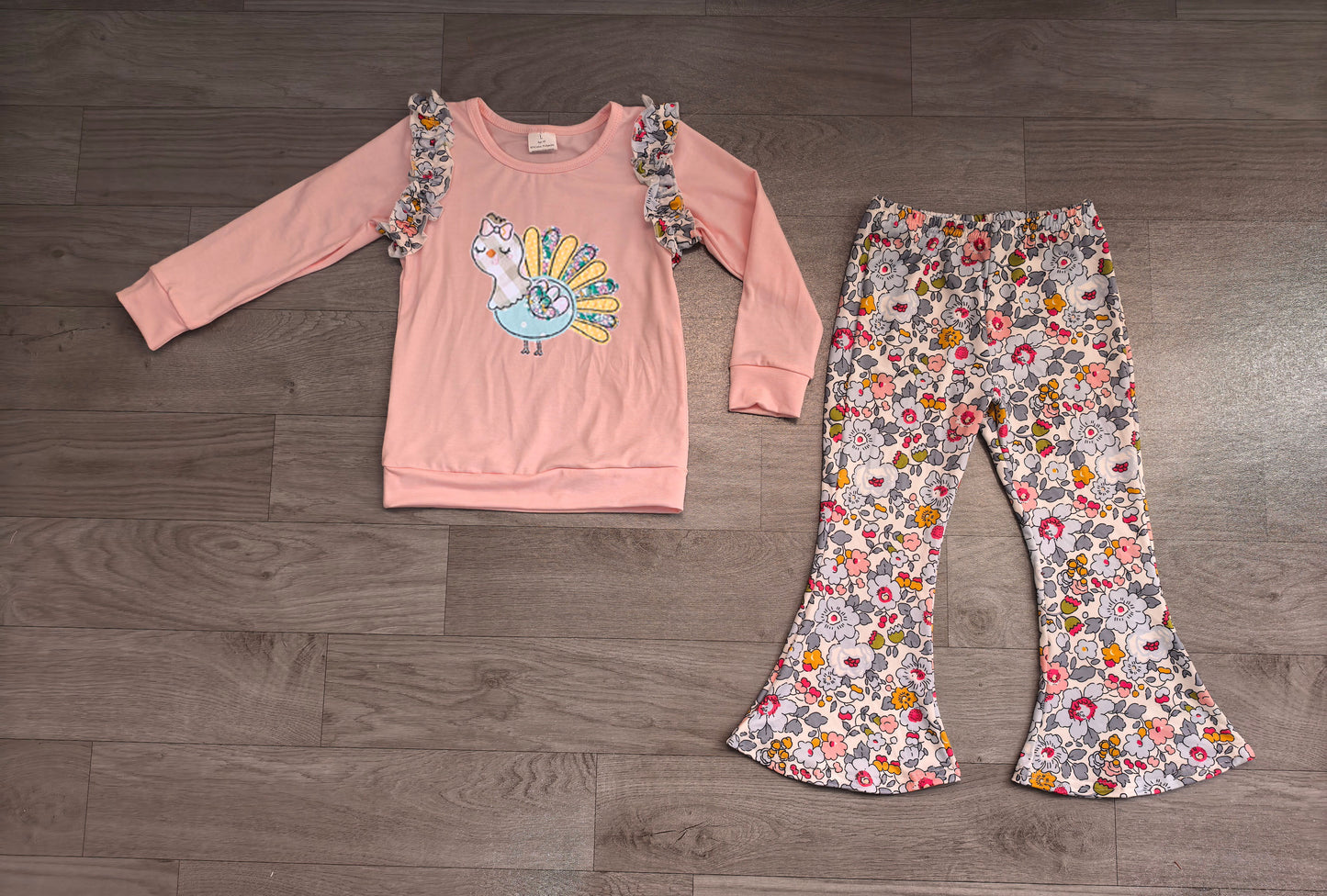 (Sample) No moq milk silk GLP3597 Embroidery Turkey Flowers Baby Girls Top Flare Pant Thanksgivings Clothes Sets Fall Holiday Outfit