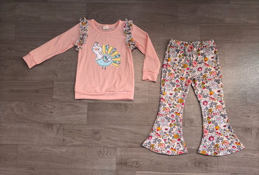(Sample) No moq milk silk GLP3597 Embroidery Turkey Flowers Baby Girls Top Flare Pant Thanksgivings Clothes Sets Fall Holiday Outfit