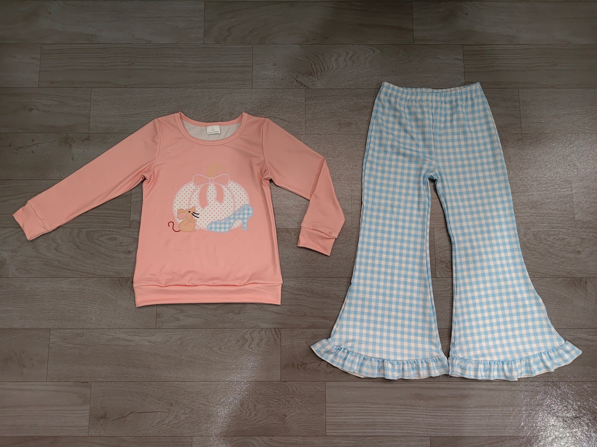 (Sample) No moq milk silk GLP3598 Baby Girls Bow Pumpkins Top Checked Ruffle Pant Fall Clothes Sets
