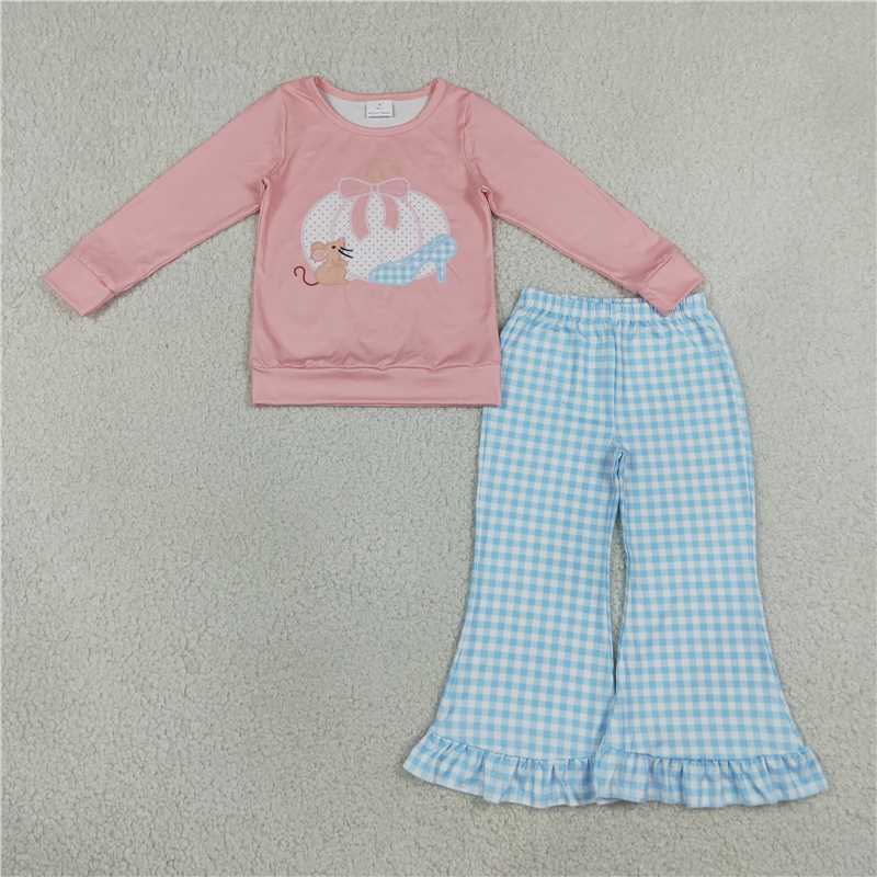 RTS NO MOQ Sibling milk silk Embroidery Baby Girls Bow Pumpkins Long Sleeve Top And Pant Sets Ruffle Romper