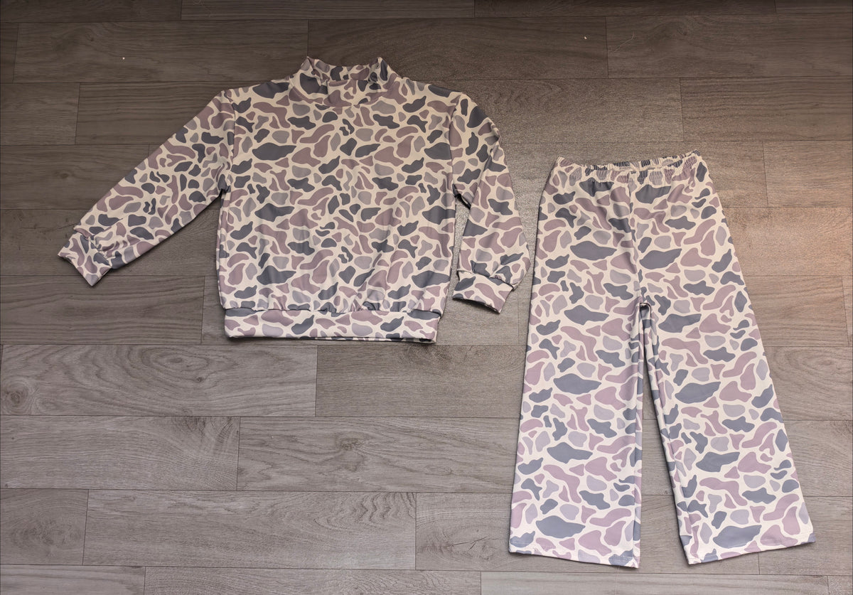 (Sample) No moq yoga fabric GLP3600（GT1811+P1103） High Neck Baby Girls Light Grey Camo Choker Top Pockets Pants Yoga Active Casual Daily Clothes Set