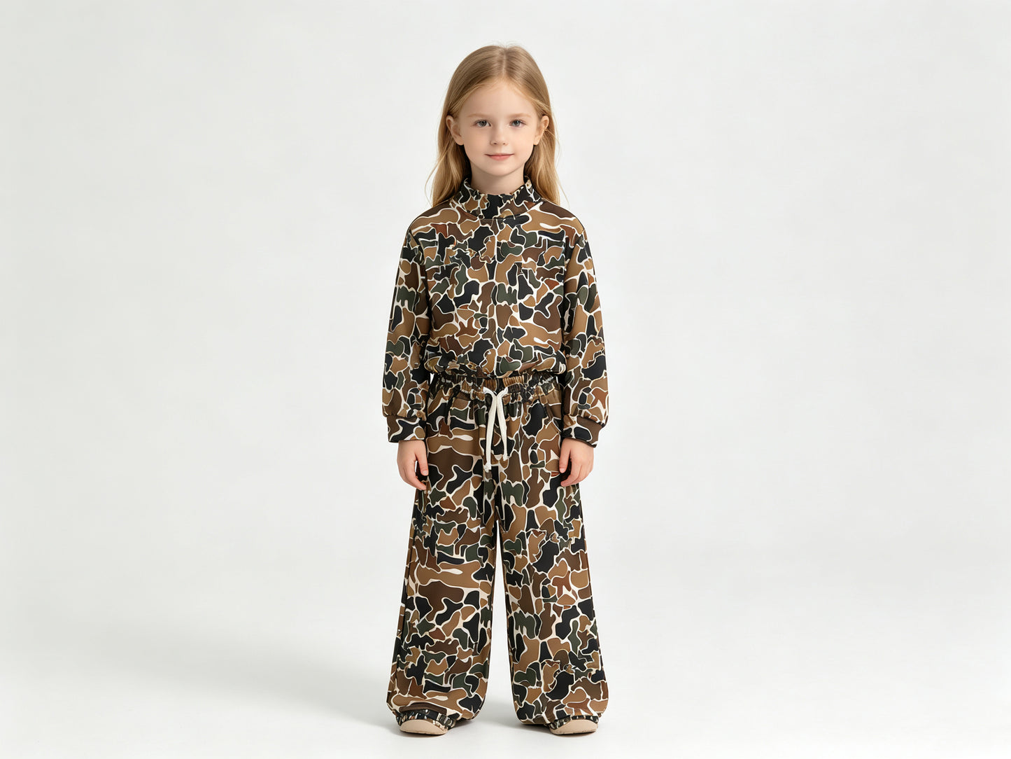 (Sample) No moq yoga fabric GLP3601（GT1812+P1104 Yoga Baby Girls High Neck Dark Brown Camo Long Sleeve Top Pockets Pants Yoga Active Clothes Set