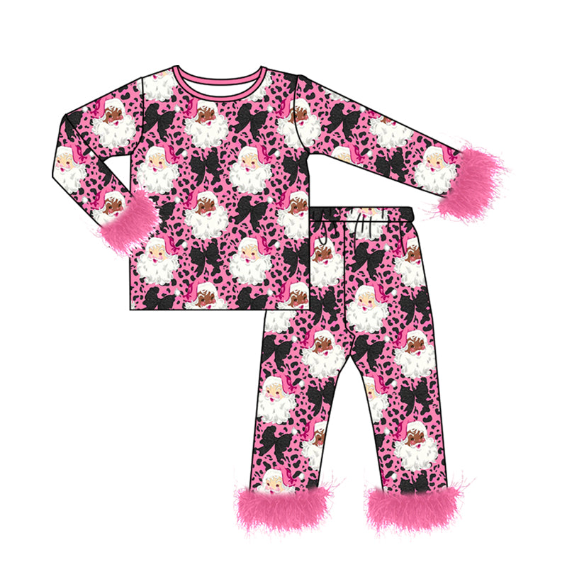 (Preorder new) No moq Baby Girls Christmas Santa Leopard Print Long Sleeve Pajama Sets