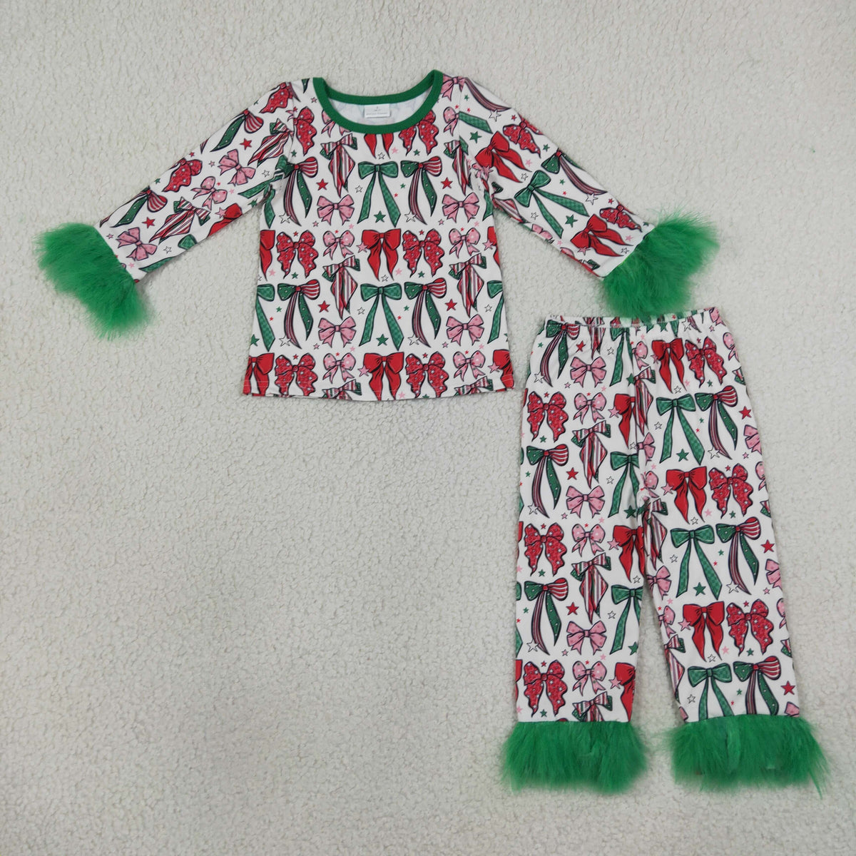 NEW RTS NO MOQ milk silk GLP3611 Baby Girls Green Red Bows Top Pants Fur Sleeves Christmas Pajamas Set Holiday Sleep Outfit