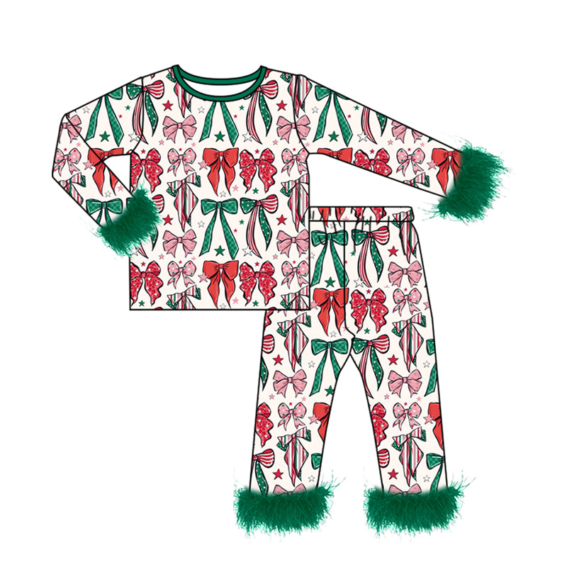 (Preorder new) No moq Baby Girls Christmas Santa Leopard Print Long Sleeve Pajama Sets