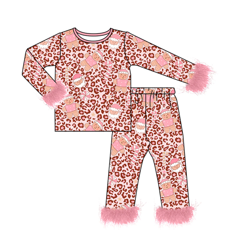 (Preorder new) No moq Baby Girls Christmas Santa Leopard Print Long Sleeve Pajama Sets