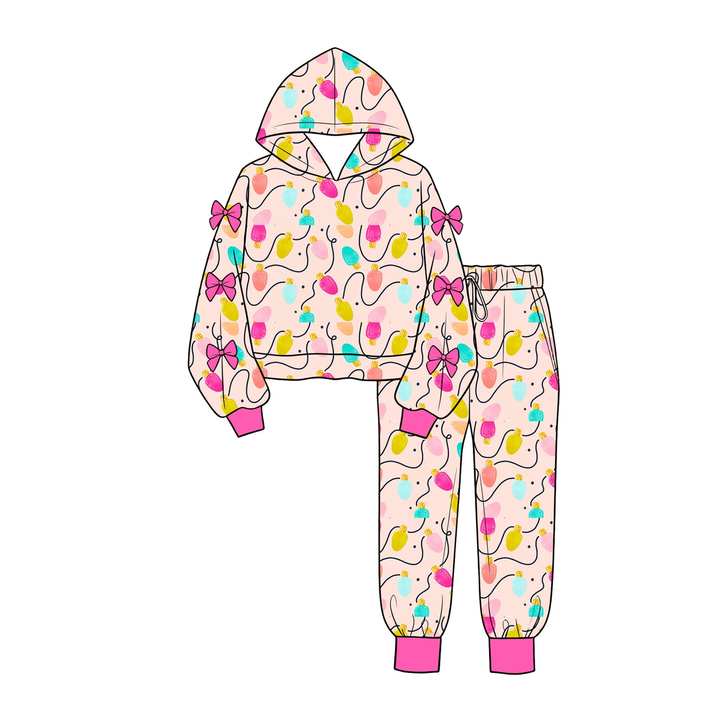(Preorder new) No moq Baby Girls  Christmas Leopard Print Santa Gingerbread Bow Pattern Long Sleeve Loungewear Set