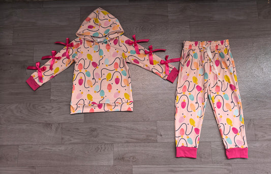 (Sample) No moq milk silk GLP3613 Baby Girls Colorful Lights Bows Hoodie Pockets Jogger Christmas Set
