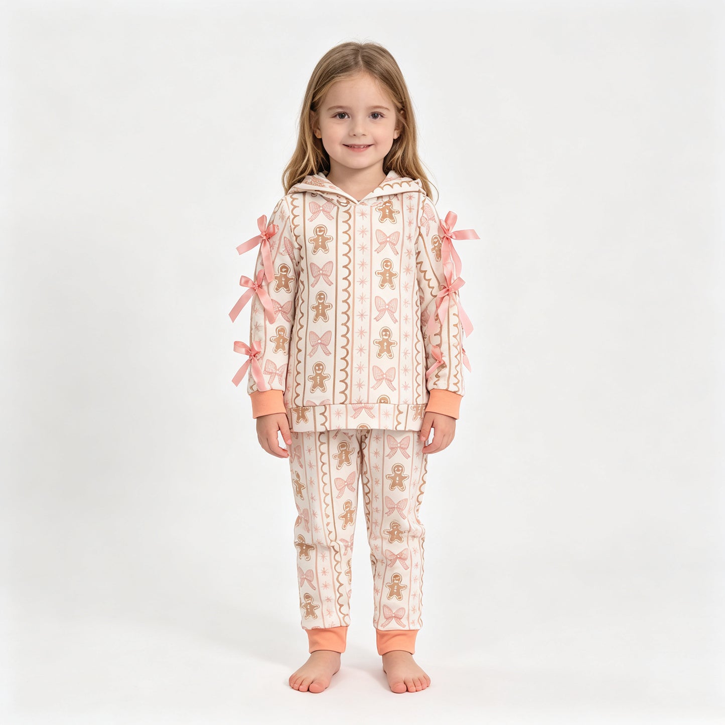 (Sample) No moq milk silk GLP3614 Baby Girls Bows Gingerbread Hoodie Pockets Jogger Christmas Set
