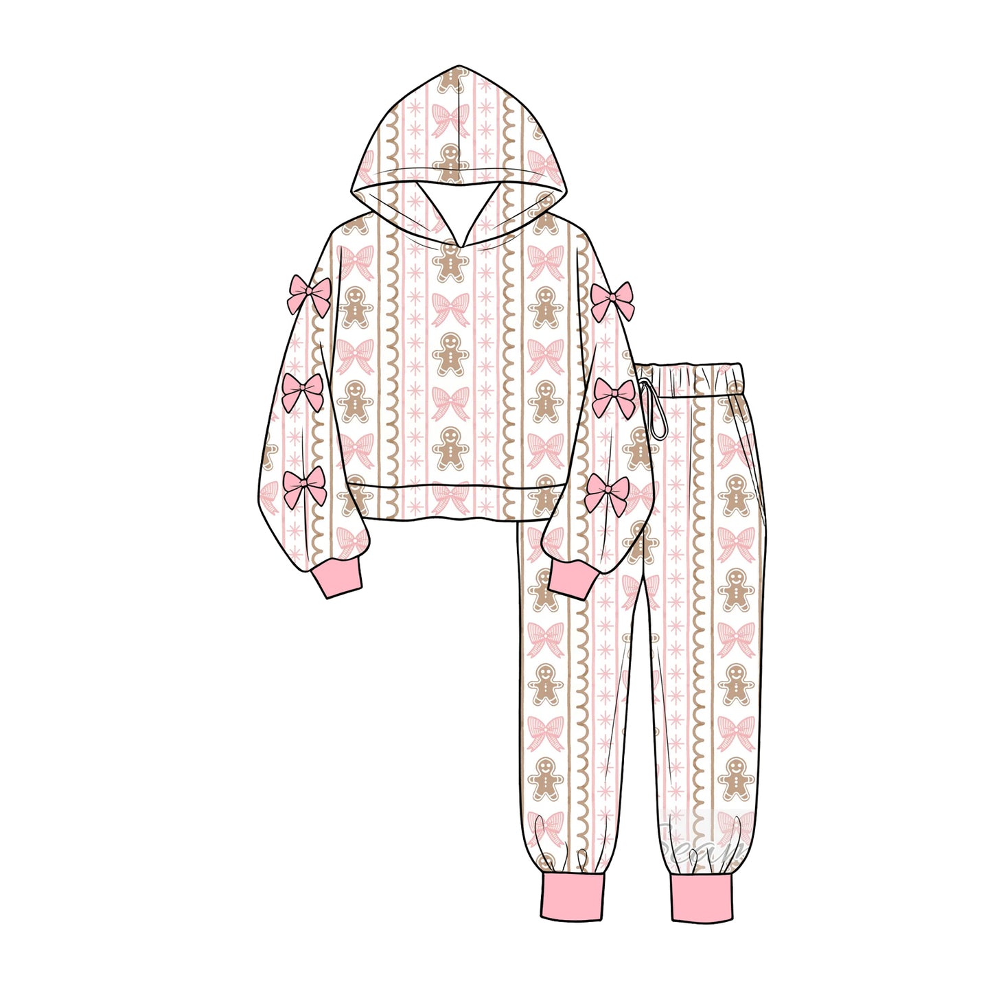 (Preorder new) No moq Baby Girls  Christmas Leopard Print Santa Gingerbread Bow Pattern Long Sleeve Loungewear Set