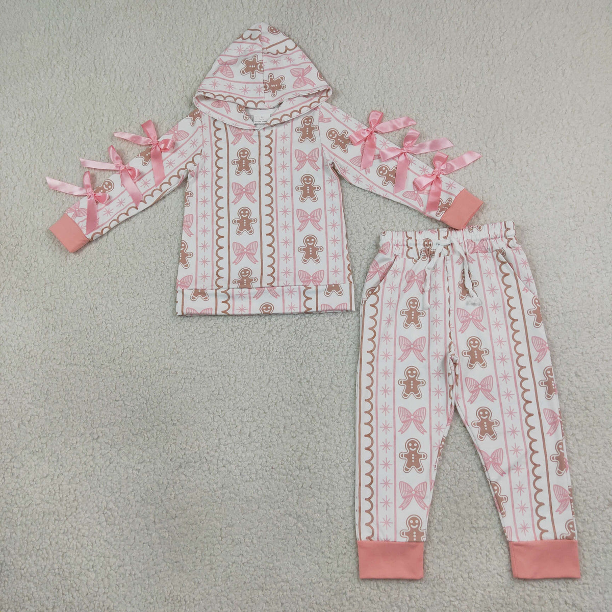 NEW RTS NO MOQ milk silk GLP3614 Baby Girls Bows Gingerbread Hoodie Pockets Elastic Jogger Christmas Outfit Set