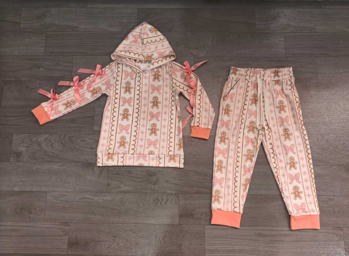 (Sample) No moq milk silk GLP3614 Baby Girls Bows Gingerbread Hoodie Pockets Jogger Christmas Set