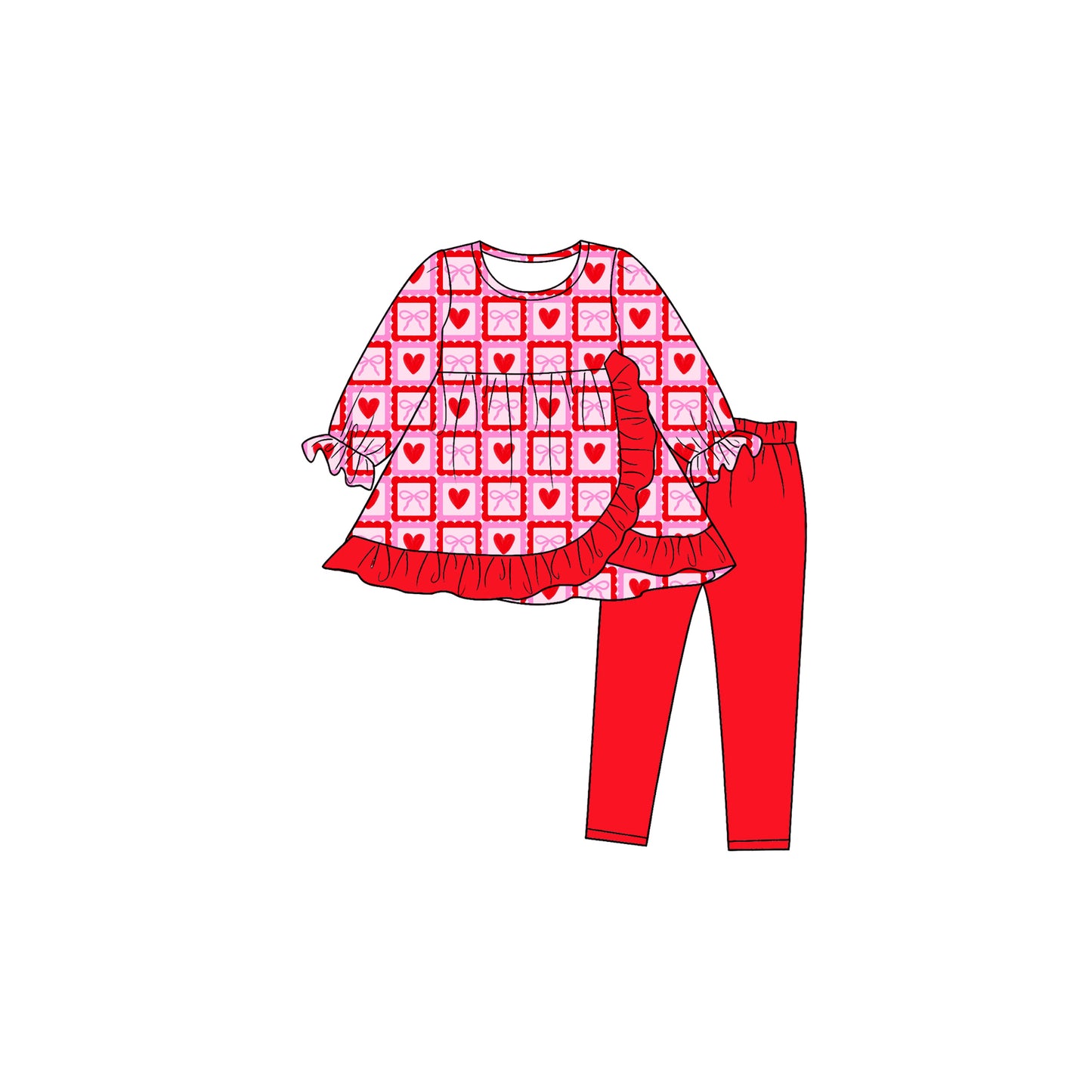 (Preorder new) No moq Girls Pink Red Heart Bow Check Outfit Set dress Baby Blanket