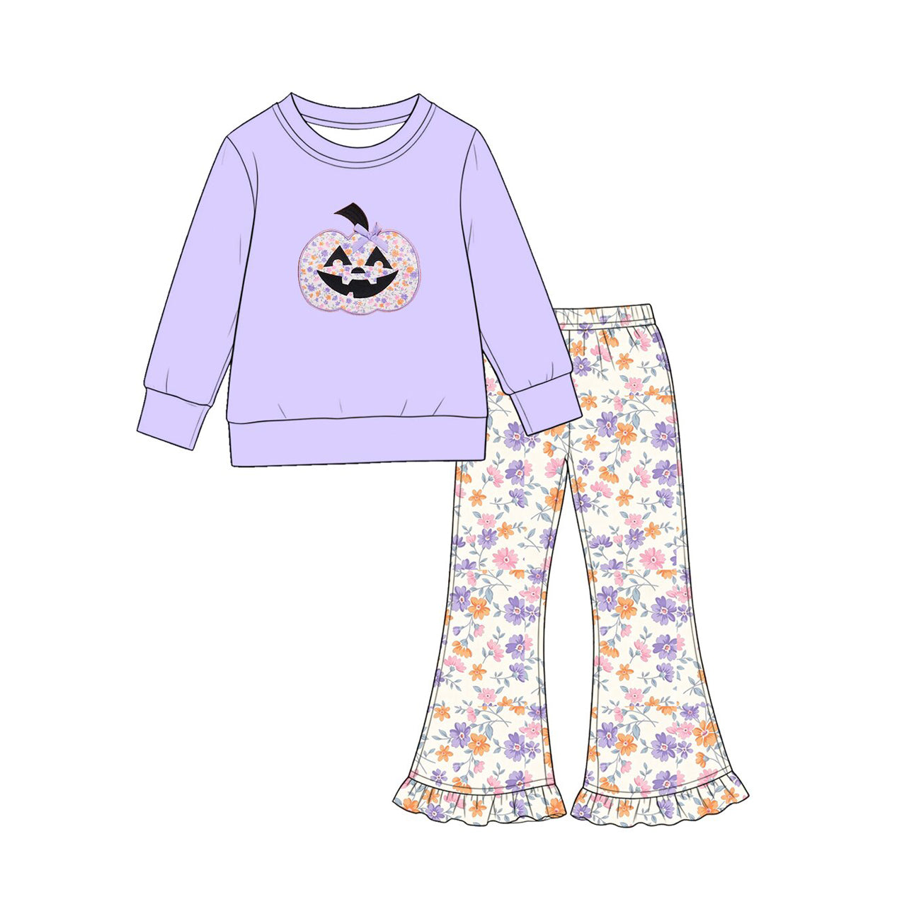 (Preorder new) No moq Baby Halloween Floral Pumpkin Applique Kids Outfit Romper Flare Pants Sweatshirt Set
