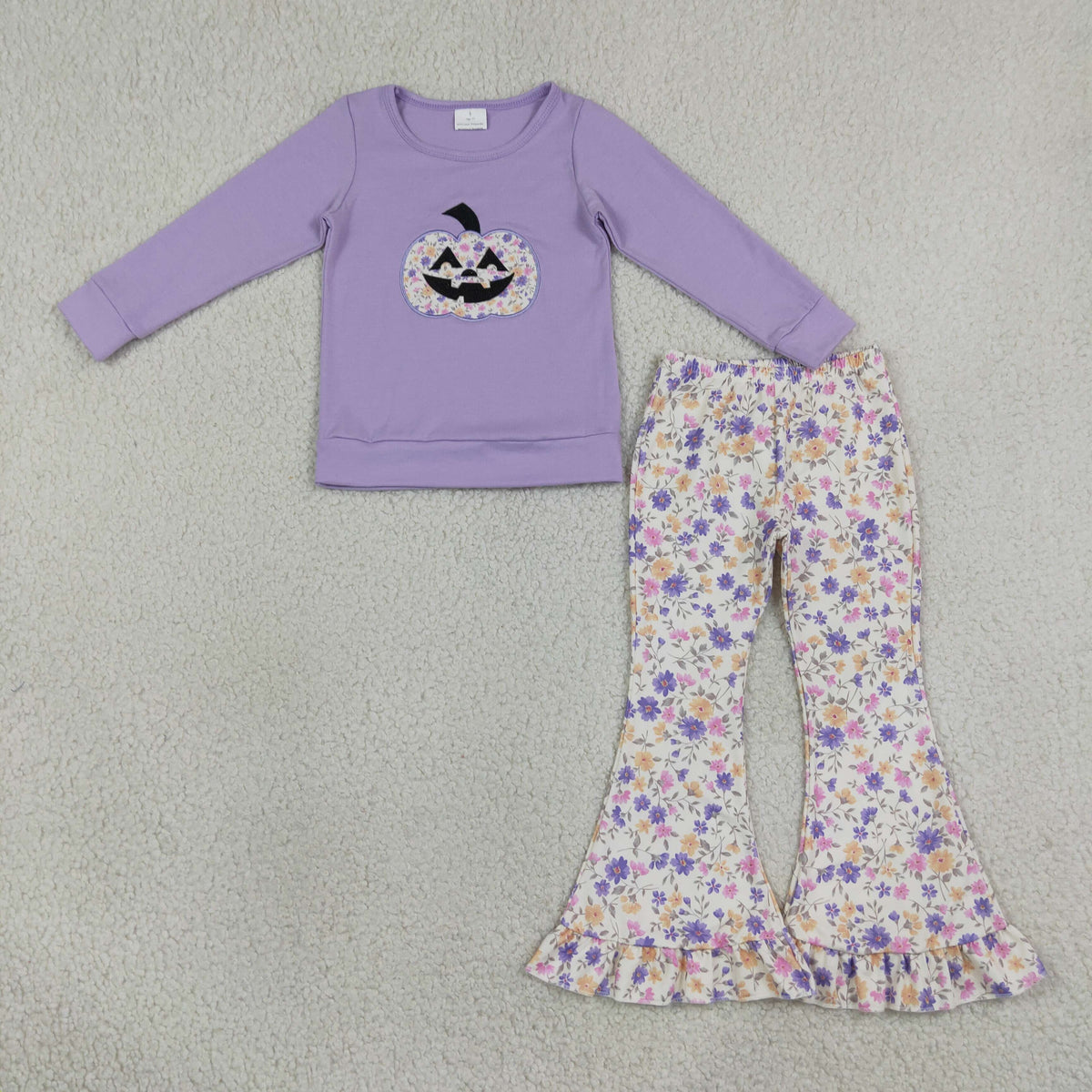 RTS NO MOQ Sibling milk silk Embroidery Baby Girls Purple Floral Pumpkin Long Sleeve Top And Floral Flare Pant Set Baby Ruffle Romper