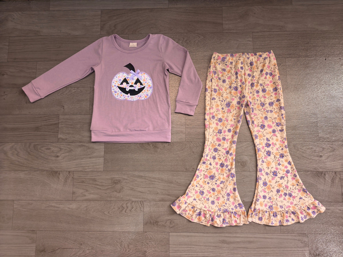 (Sample) No moq milk silk GLP3618 Embroidery Flowers Ghost Pumpkins Baby Girls Top Ruffle Pant Halloween Clothes Set Fall Two Piece Holiday Outfit