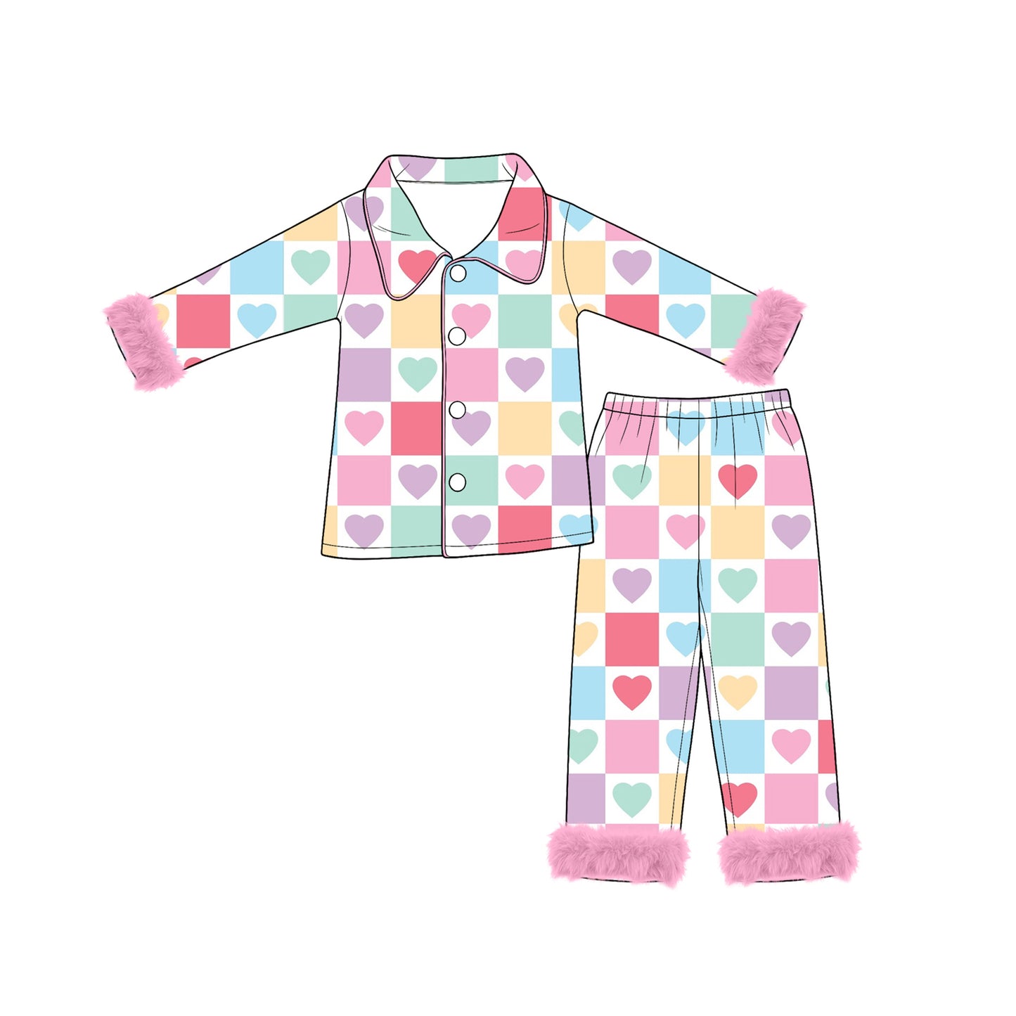 (Preorder new) No moq Adult And Kids Checkerboard Fuzzy Trim Matching Pajamas