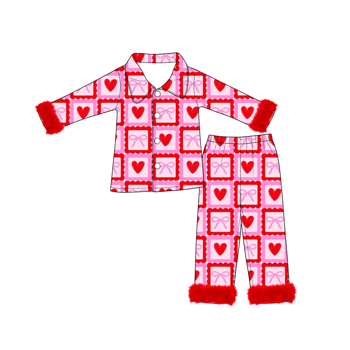 (Preorder new) No moq Adult And Kids Red Heart Bow Grid Furry Trim Matching Pajama Set