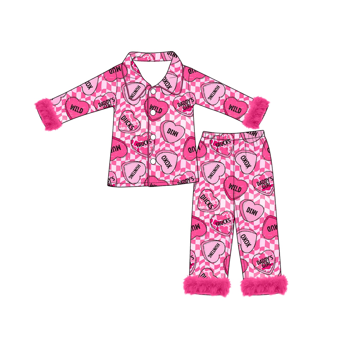 (Preorder new) No moq Adult And Kids Hot Pink Candy Heart Checkered  Matching Pajama Set