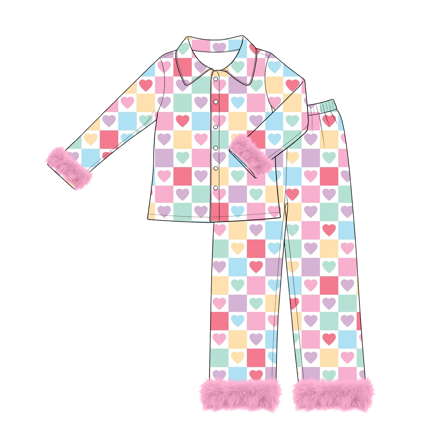 (Preorder new) No moq Adult And Kids Checkerboard Fuzzy Trim Matching Pajamas