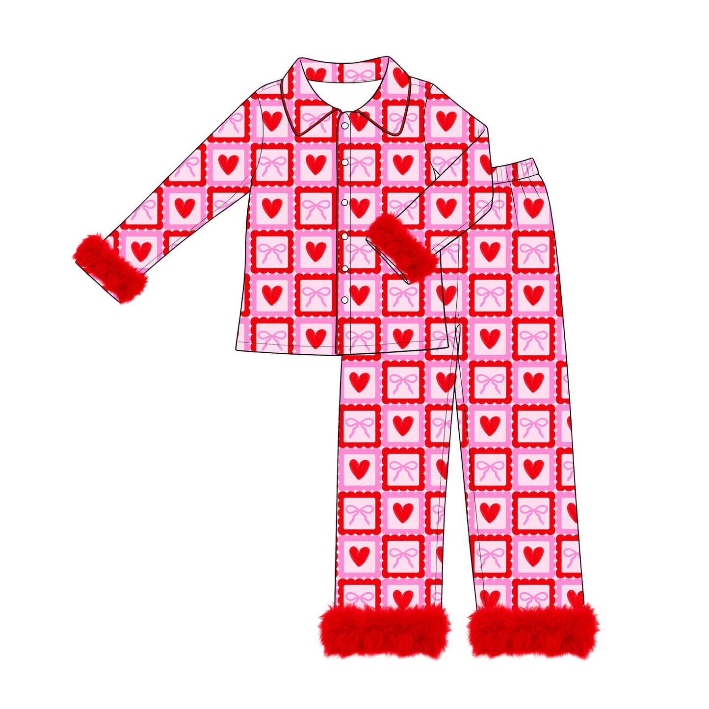 (Preorder new) No moq Adult And Kids Red Heart Bow Grid Furry Trim Matching Pajama Set
