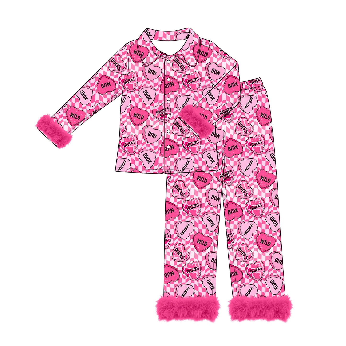 (Preorder new) No moq Adult And Kids Hot Pink Candy Heart Checkered  Matching Pajama Set