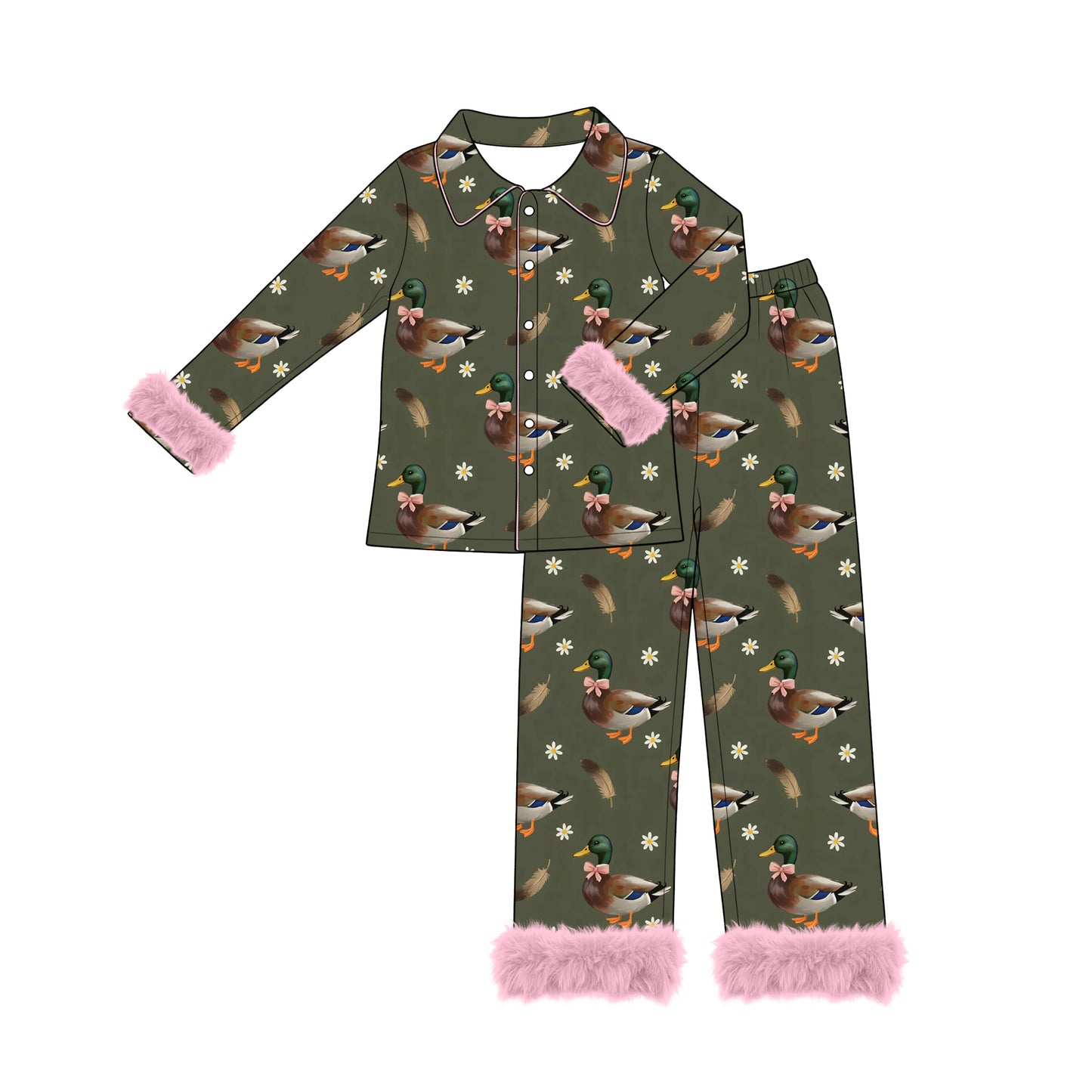 (Preorder new) No moq Adult And Kids Mallard Duck Print Fuzzy Trim Pajama Set Minky Blanket