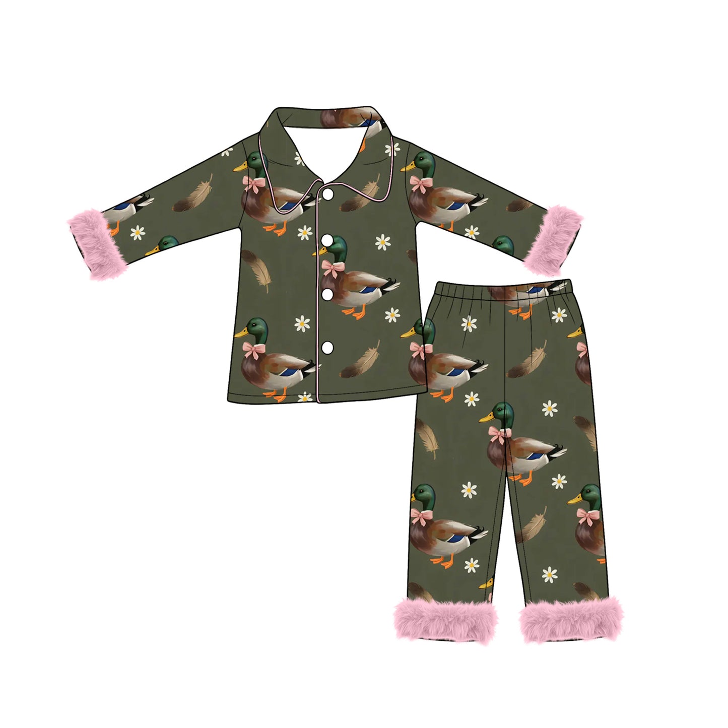 (Preorder new) No moq Adult And Kids Mallard Duck Print Fuzzy Trim Pajama Set Minky Blanket