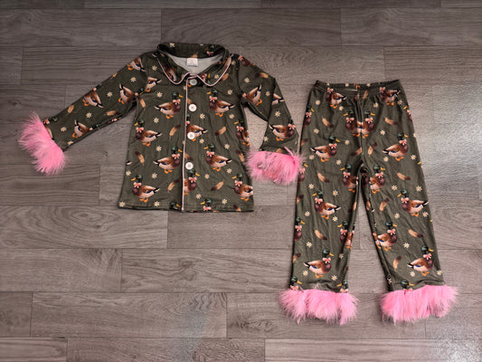 (Sample) No moq milk silk GLP3629 Baby Girls Flowers Ducks Button Top Pant Fur Sleeves Hunting Pajamas Set Holiday Sleep Loungewear