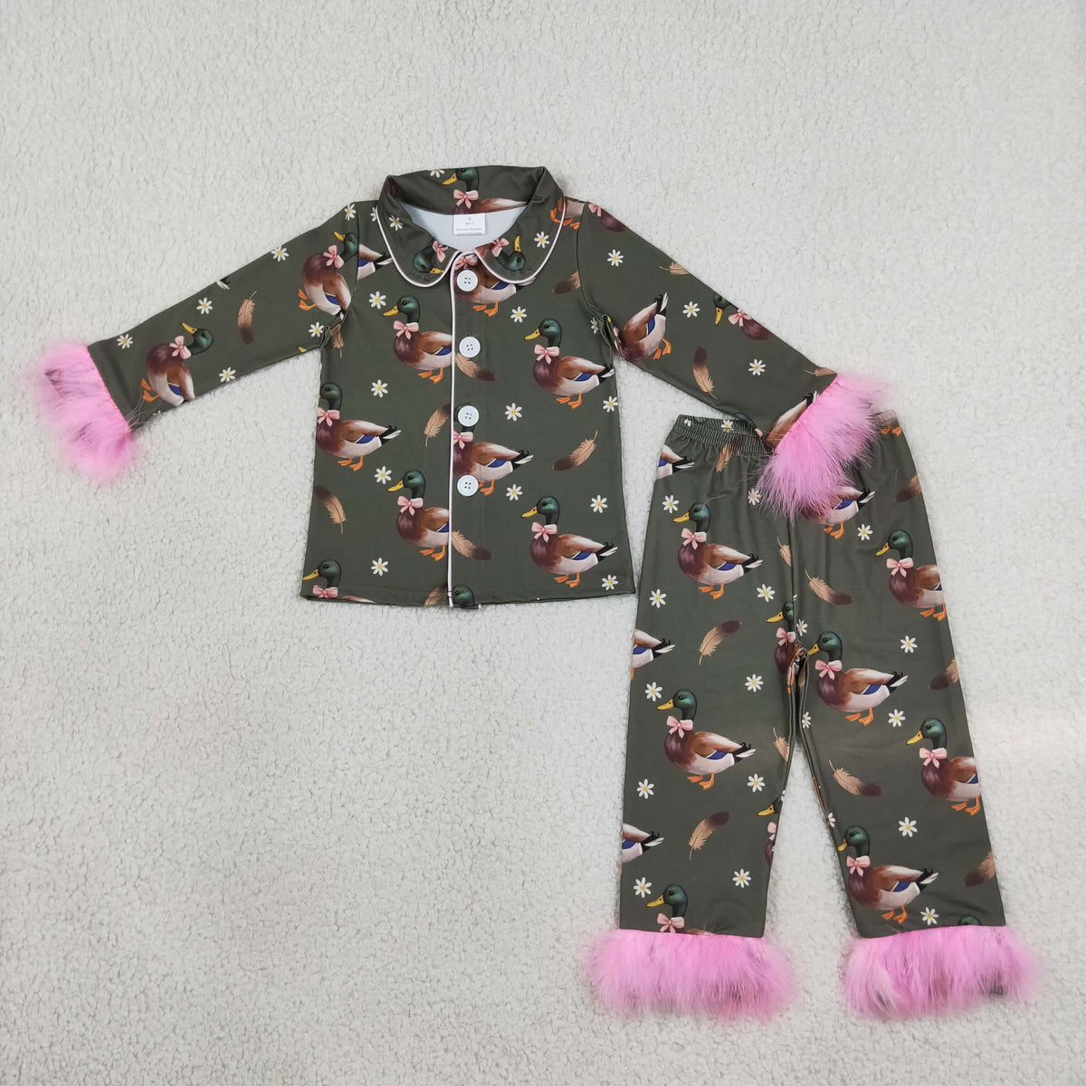 NEW RTS NO MOQ milk silk GLP3629 Baby Girls Flowers Ducks Button Top Pant Fur Sleeves Pant Pajamas Set
