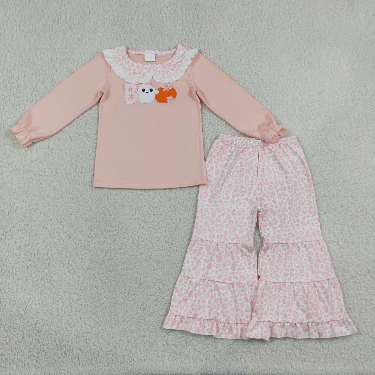 RTS NO MOQ Sibling milk silk Embroidery Baby Girls Pumpkin Long Sleeve Top And Pink Leopard Tiered Ruffle Pants Set Romper Halloween Clothing