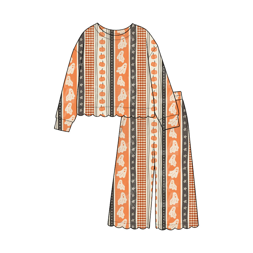 (Preorder new) No moq Baby Girls Pumpkin and Scallop-Edge Halloween 2 piece set
