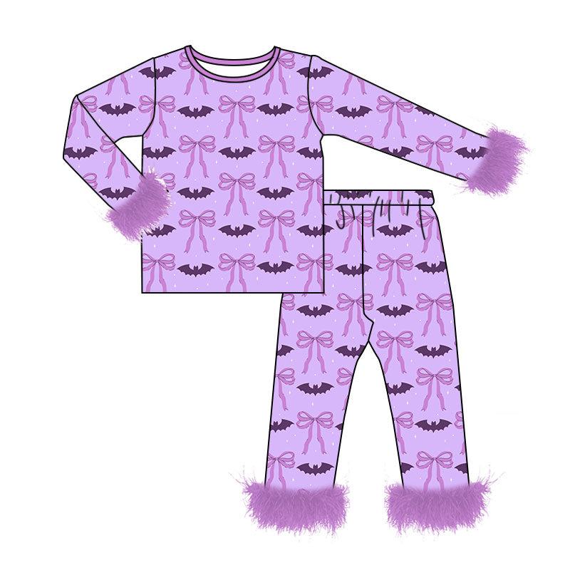 (Preorder new) No moq Baby Cute Purple Bow Print Long‑Sleeve set Pants jumpsuit