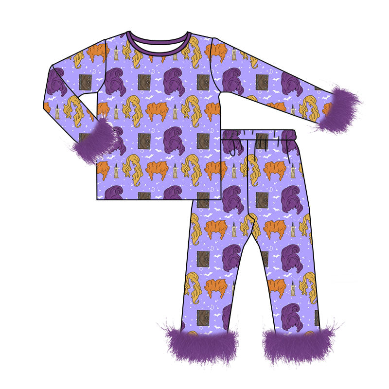 (Preorder new) No moq Baby Girls Halloween purple Outfit Quarter‑Zip Top Skirt Fuzzy Cuff Pajama Set Dress Zipper Romper