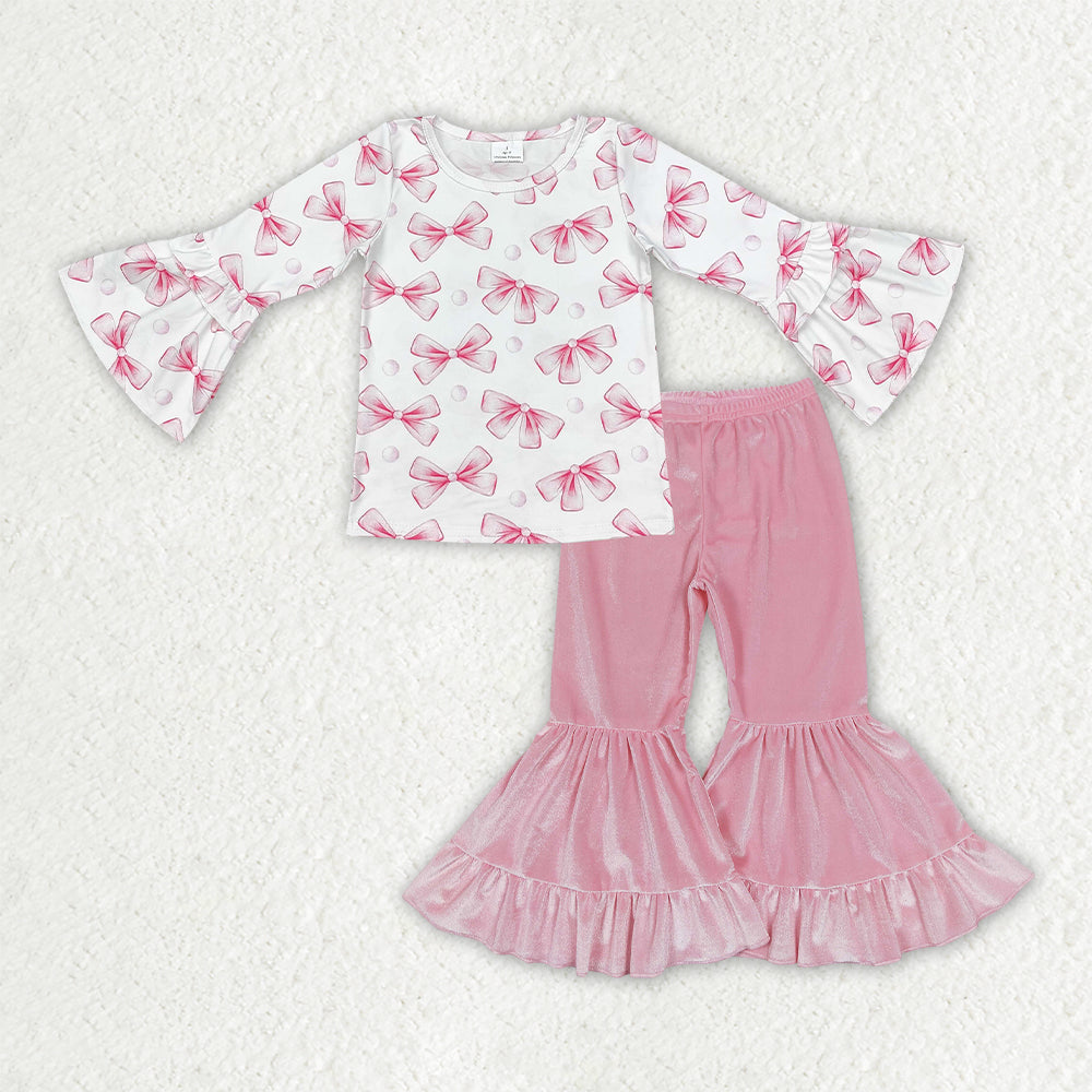 NEW RTS NO MOQ milk silk GLP3638（GT0779+P0416）Baby Girls Solid Pink Bow Long Sleeve Crew Neck Top Matching Pink Velvet Ruffle Trim Flare Bell Bottom Pants Casual Clothes Set