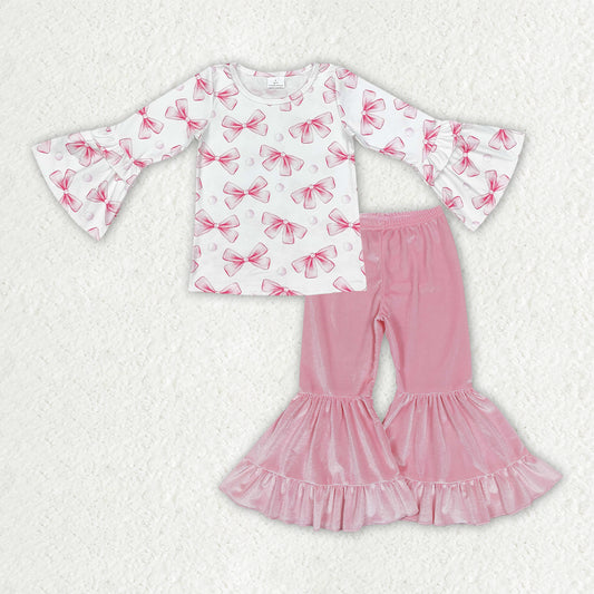 NEW RTS NO MOQ milk silk GLP3638（GT0779+P0416）Baby Girls Solid Pink Bow Long Sleeve Crew Neck Top Matching Pink Velvet Ruffle Trim Flare Bell Bottom Pants Casual Clothes Set