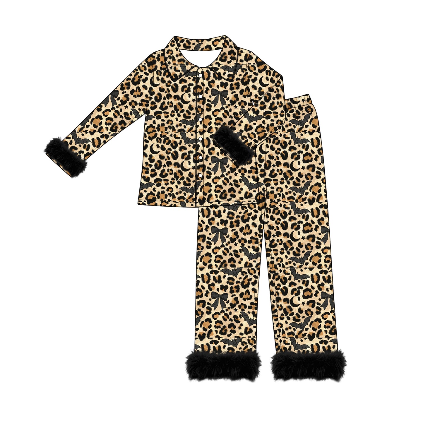 (Preorder new) No moq Kids Leopard Bats Halloween Print Long Sleeve Top Pant Halloween Pajama Set Rompers Blankets Adult Pajama Set