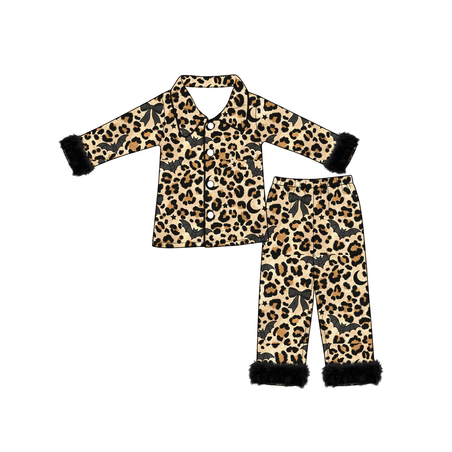 (Preorder new) No moq Kids Leopard Bats Halloween Print Long Sleeve Top Pant Halloween Pajama Set Rompers Blankets Adult Pajama Set