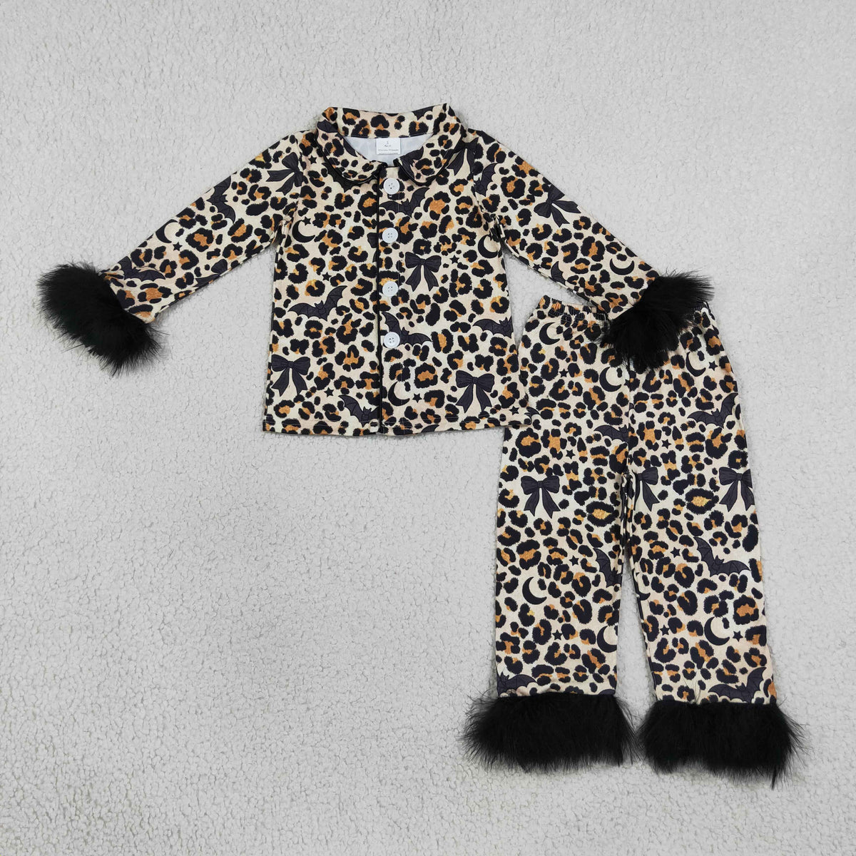 (SaNEW RTS NO MOQ milk silk GLP3640 Baby Girls Leopard Bats Button Top Pant Fur Sleeves Halloween Pajamas Holiday Set