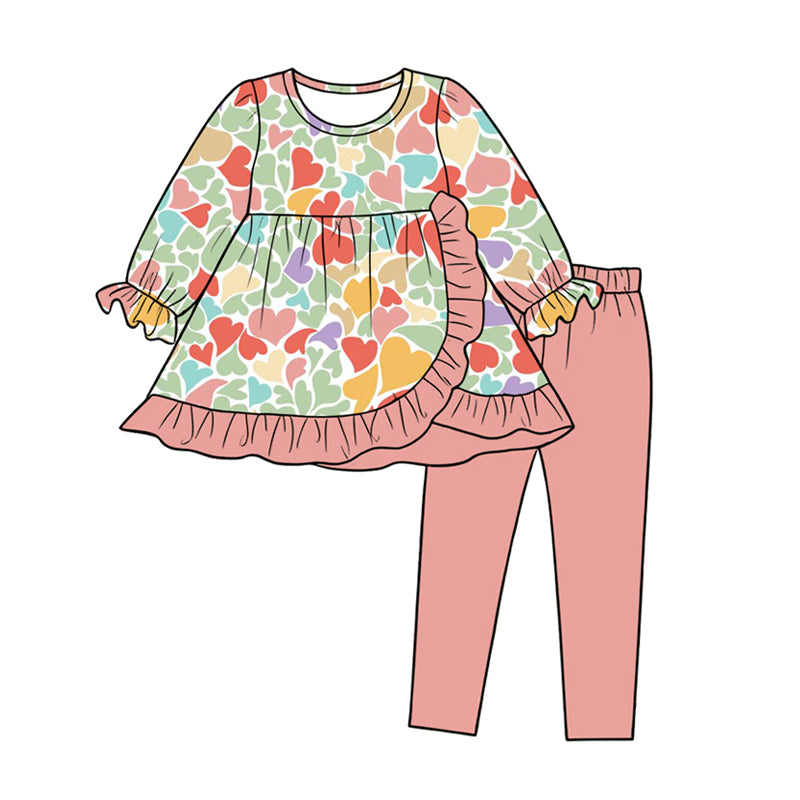 (Preorder new) No moq Baby Girls Colorful Hearts Print Long Sleeve Top And Pants Valentines Set Rompers Dress Blankets