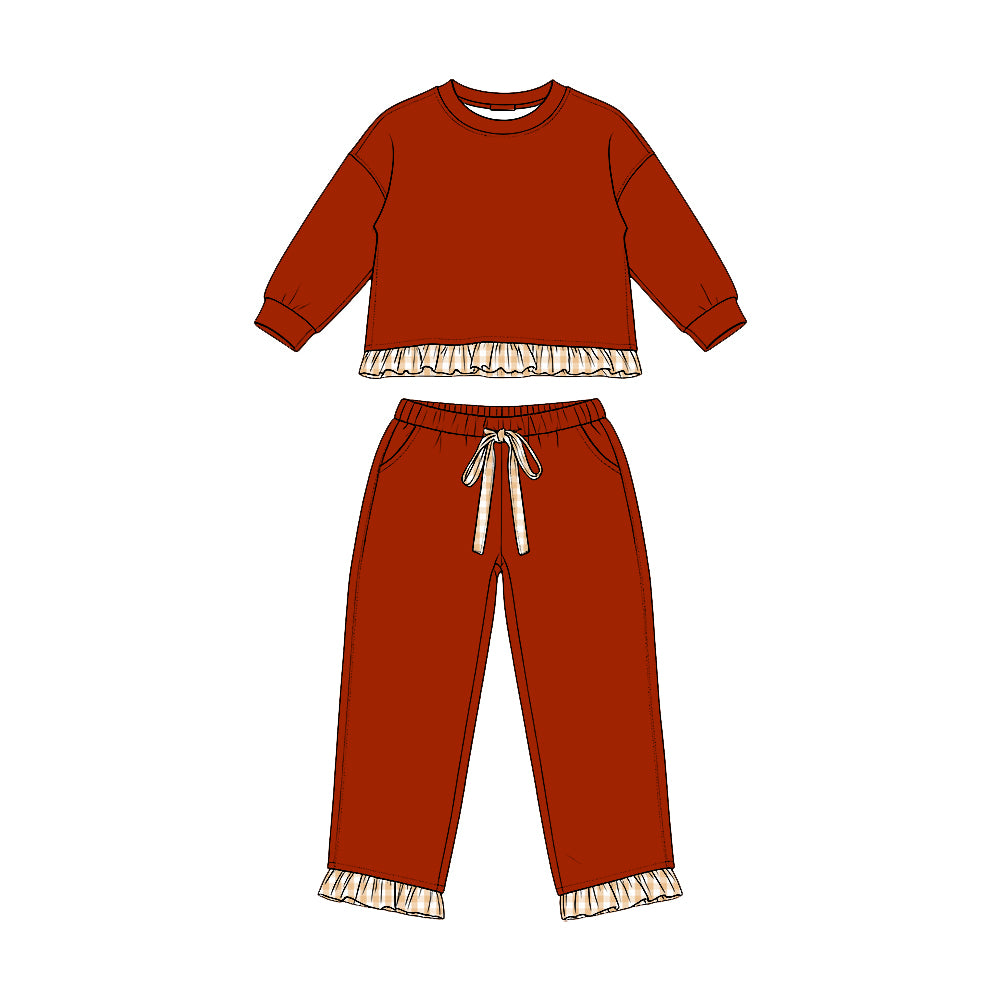 (Preorder new) No moq Baby Girls Solid Long Sleeve Pocket Sweatshirt Pants Casual Clothes Set