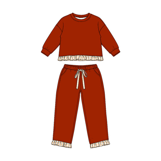(Preorder new) No moq GLP3644 Sweatshirt Material Kids Girls Orange Long Sleeve Top Pockets Pants Sweatshirt Clothes Set Fall Outfit