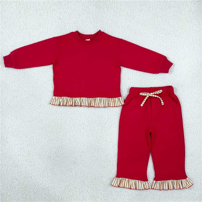 RTS NO MOQ Sibling fleece Baby Girls Cute Solid Color Long Sleeve Top Pockets Pants Sweater Clothes Set