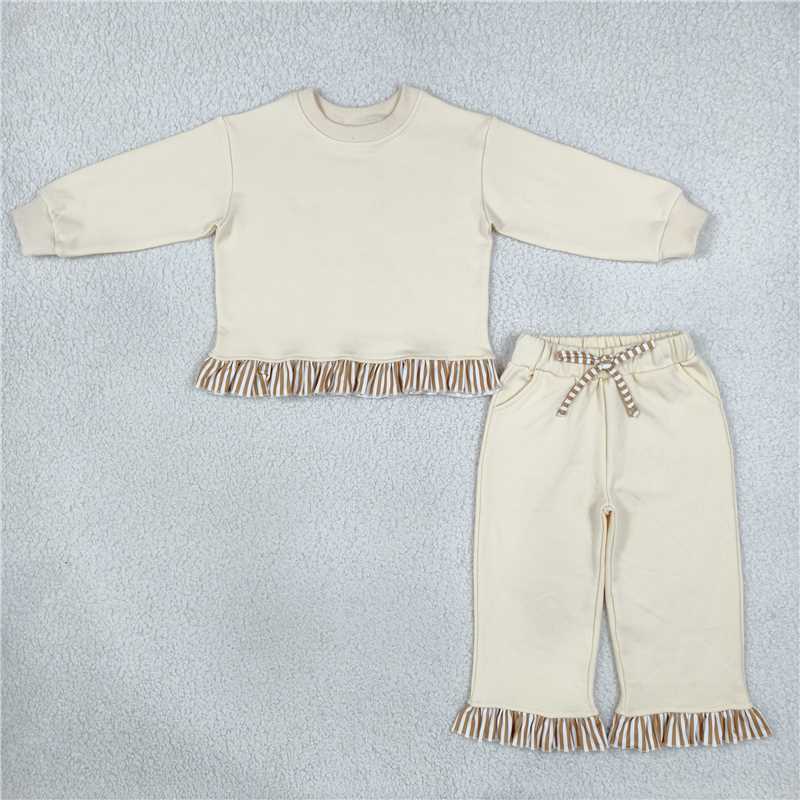 NEW RTS NO MOQ fleece GLP3645 Sweatshirt Material Kids Girls Beige Long Sleeve Top Pockets Pants Sweatshirt Fall Outfit