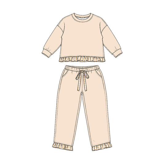 (Preorder new) No moq GLP3645 Sweatshirt Material Kids Girls Khaki  Long Sleeve Top Pockets Pants Sweatshirt Clothes Set Fall Outfit