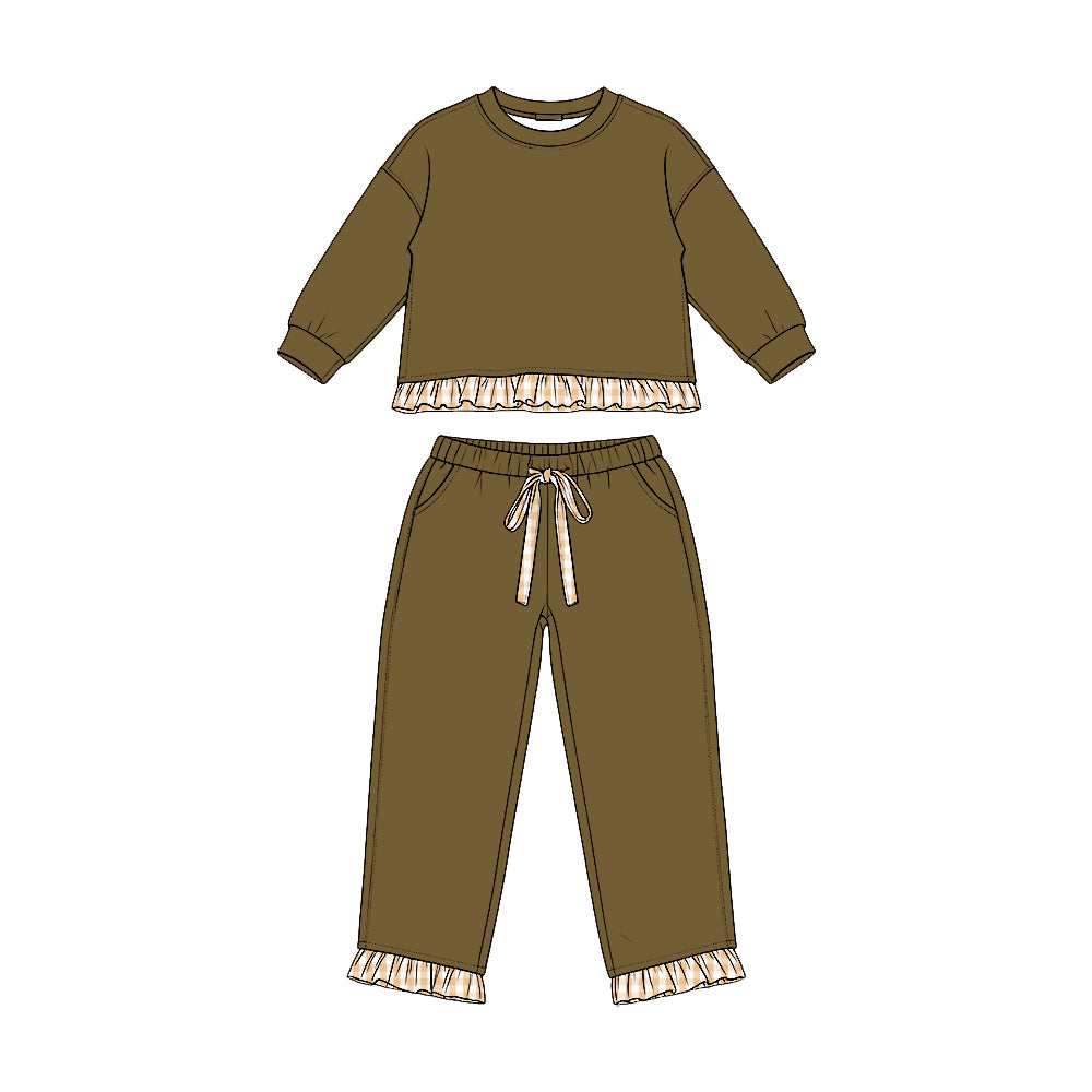 (Preorder new) No moq Baby Girls Solid Long Sleeve Pocket Sweatshirt Pants Casual Clothes Set