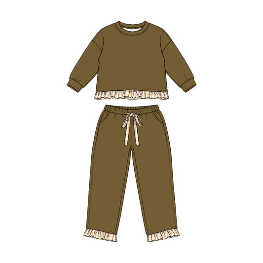 (Preorder new) No moq GLP3646 Sweatshirt Material Kids Girls Olive Long Sleeve Top Pockets Pants Sweatshirt Clothes Set Fall Outfit