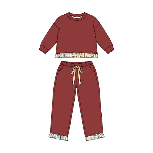 (Preorder new) No moq GLP3647 Sweatshirt Material Kids Girls Maroon Long Sleeve Top Pockets Pants Sweatshirt Clothes Set Fall Outfit